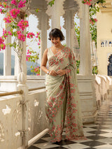 Women's Green Viscose Organza Saree