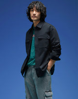 Men's Black Casual Regular Fit Solid Full Sleeves Shacket
