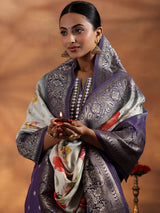 Women's Purple Ethnic Motif Kurta With Solid Trouser and Floral Printed Dupatta
