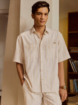 Men's Beige Casual Relaxed Fit Striped Half Sleeves Shirt