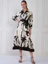 Women's Black & White Elit Floral Print Shirt Collar A-Line Midi Dress