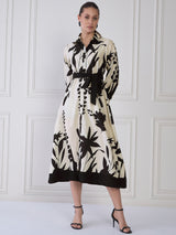 Women's Black & White Elit Floral Print Shirt Collar A-Line Midi Dress