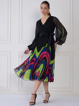 Women's Black Puff Sleeve Midi Wrap Dress