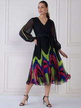 Women's Black Puff Sleeve Midi Wrap Dress