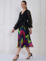 Women's Black Puff Sleeve Midi Wrap Dress