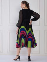 Women's Black Puff Sleeve Midi Wrap Dress