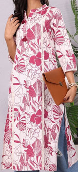 Women's Floral Printed Mandarin Collar Panelled Cotton A Line Kurta