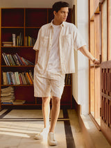 Men's Beige Casual Relaxed Fit Striped Half Sleeves Shirt