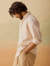 Men's Beige Casual Relaxed Fit Striped Full Sleeves Shirt