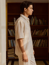 Men's Beige Casual Relaxed Fit Striped Half Sleeves Shirt