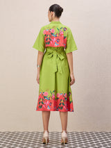 Women's Green Floral Print Fla Sleeve A-Line Midi Dress