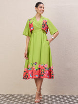 Women's Green Floral Print Fla Sleeve A-Line Midi Dress