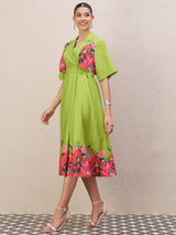 Women's Green Floral Print Fla Sleeve A-Line Midi Dress