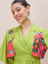 Women's Green Floral Print Fla Sleeve A-Line Midi Dress