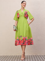 Women's Green Floral Print Fla Sleeve A-Line Midi Dress