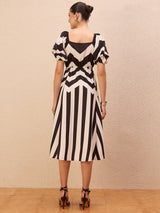 Women's White Striped Puff Sleeve Laye Fit & Flare Midi Dress