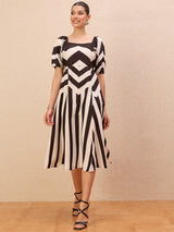 Women's White Striped Puff Sleeve Laye Fit & Flare Midi Dress