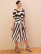 Women's White Striped Puff Sleeve Laye Fit & Flare Midi Dress