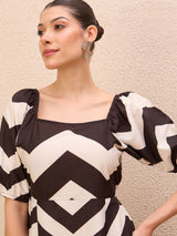 Women's White Striped Puff Sleeve Laye Fit & Flare Midi Dress