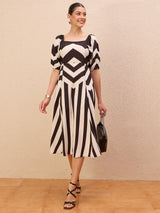 Women's White Striped Puff Sleeve Laye Fit & Flare Midi Dress
