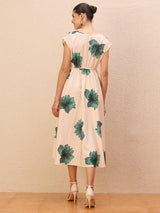 Women's Beige Floral Printed V-Neck Laye Crepe Empire Midi Dress