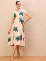 Women's Beige Floral Printed V-Neck Laye Crepe Empire Midi Dress