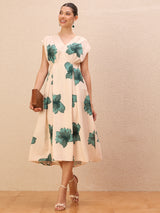 Women's Beige Floral Printed V-Neck Laye Crepe Empire Midi Dress