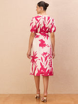 Women's Pink Floral Print Fit & Flare Midi Dress