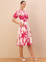 Women's Pink Floral Print Fit & Flare Midi Dress
