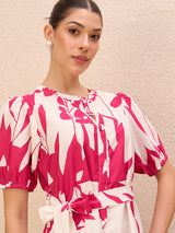 Women's Pink Floral Print Fit & Flare Midi Dress