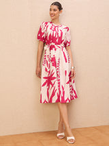 Women's Pink Floral Print Fit & Flare Midi Dress