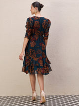 Women's Teal Ethnic Motifs Print Puff Sleeve Gathe or Pleated A-Line Knee Length Dress