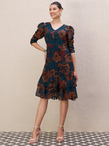 Women's Teal Ethnic Motifs Print Puff Sleeve Gathe or Pleated A-Line Knee Length Dress