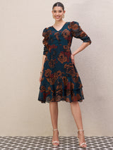 Women's Teal Ethnic Motifs Print Puff Sleeve Gathe or Pleated A-Line Knee Length Dress