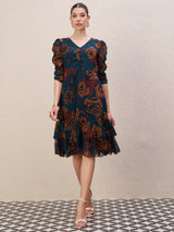Women's Teal Ethnic Motifs Print Puff Sleeve Gathe or Pleated A-Line Knee Length Dress