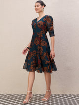 Women's Teal Ethnic Motifs Print Puff Sleeve Gathe or Pleated A-Line Knee Length Dress