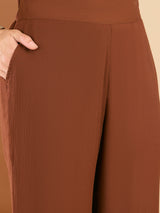 Women's Brown Embellished Round Neck Top & Trousers Co-ords Set