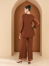 Women's Brown Embellished Round Neck Top & Trousers Co-ords Set