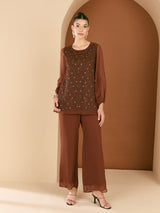 Women's Brown Embellished Round Neck Top & Trousers Co-ords Set