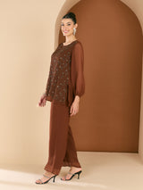 Women's Brown Embellished Round Neck Top & Trousers Co-ords Set