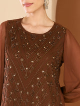 Women's Brown Embellished Round Neck Top & Trousers Co-ords Set