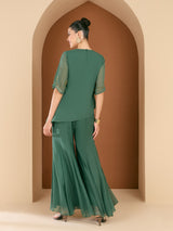 Women's Green Embellished Round Neck Top & Palazzo Co-ords Set