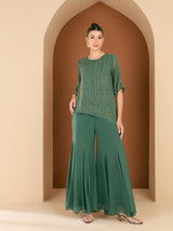 Women's Green Embellished Round Neck Top & Palazzo Co-ords Set