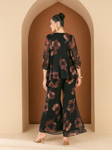 Women's Black Floral Printed Embellished V-Neck Top With Palazzos Co-ords Set