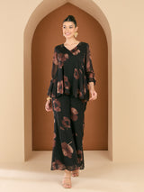 Women's Black Floral Printed Embellished V-Neck Top With Palazzos Co-ords Set