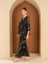 Women's Black Floral Printed Embellished V-Neck Top With Palazzos Co-ords Set
