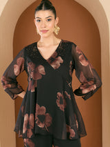 Women's Black Floral Printed Embellished V-Neck Top With Palazzos Co-ords Set