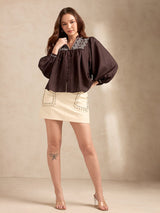 Women's Brown Casual Geometric Full Sleeves Top