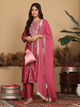 Women's Mauve Silk Thread Embroidered Kurta Set With Dupatta