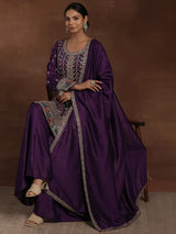 Women's Purple Ethnic Motif Zari Embellished Short Kurta With Palazzos and Dupatta